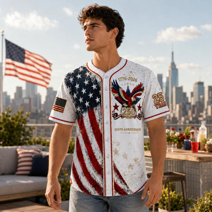 Unisex Patriotic Baseball Jersey, Vintage 250th Anniversary Button Down Shirt with Distressed American Flag Eagle Graphic for 4th of July Outfits 1776-2026