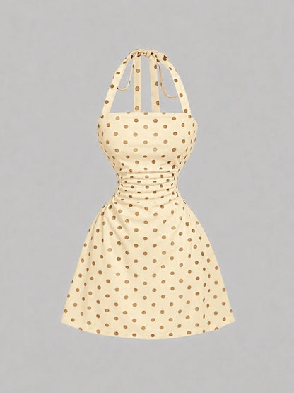 Women's Ruched Tie‑Back Halter Dress, Casual Sleeveless A‑Line Short Summer Dress for Daily Wear