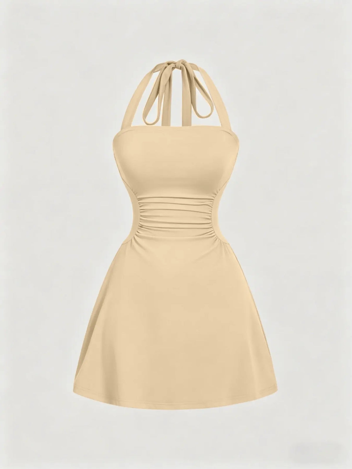 Women's Ruched Tie‑Back Halter Dress, Casual Sleeveless A‑Line Short Summer Dress for Daily Wear
