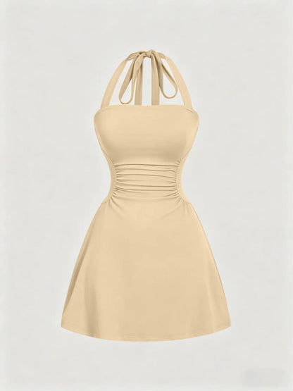 Women's Ruched Tie‑Back Halter Dress, Casual Sleeveless A‑Line Short Summer Dress for Daily Wear