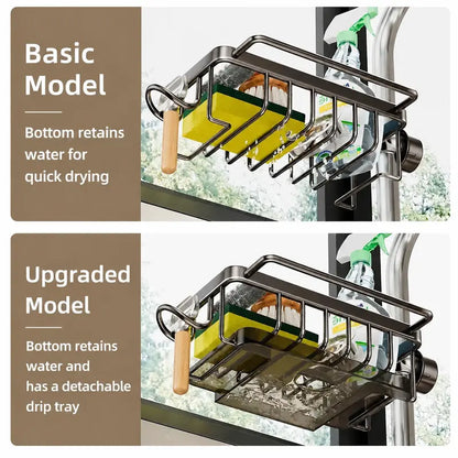 Stainless Steel Hanging Faucet Sink Organizer Rack with Drip Tray, Detachable Sponge Holder for Kitchen & Bathroom
