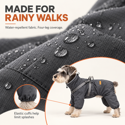 4-Leg Dog Raincoat with Built-In Harness, Adjustable Neck & Waist and Easy Back Zipper –  Dog Coat  for Small, Medium & Large Dogs