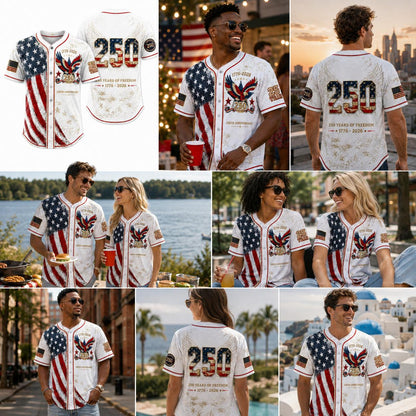 Unisex Patriotic Baseball Jersey, Vintage 250th Anniversary Button Down Shirt with Distressed American Flag Eagle Graphic for 4th of July Outfits 1776-2026