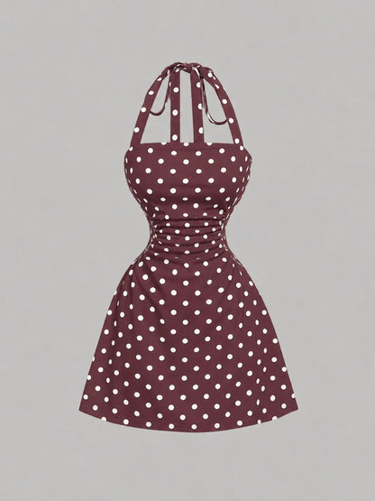 Women's Ruched Tie‑Back Halter Dress, Casual Sleeveless A‑Line Short Summer Dress for Daily Wear