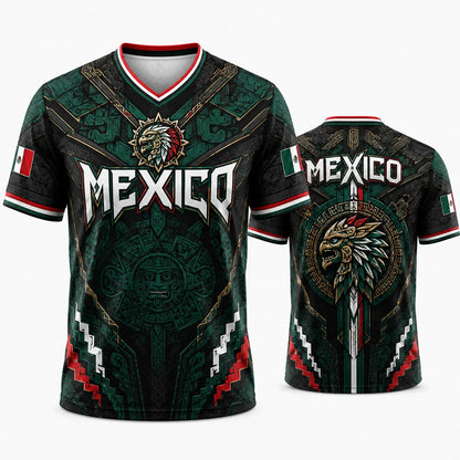 2026 New Mexico Eagle Warrior V-Neck Sports Jersey, Aztec Calendar Graphic Short Sleeve Shirt for Men