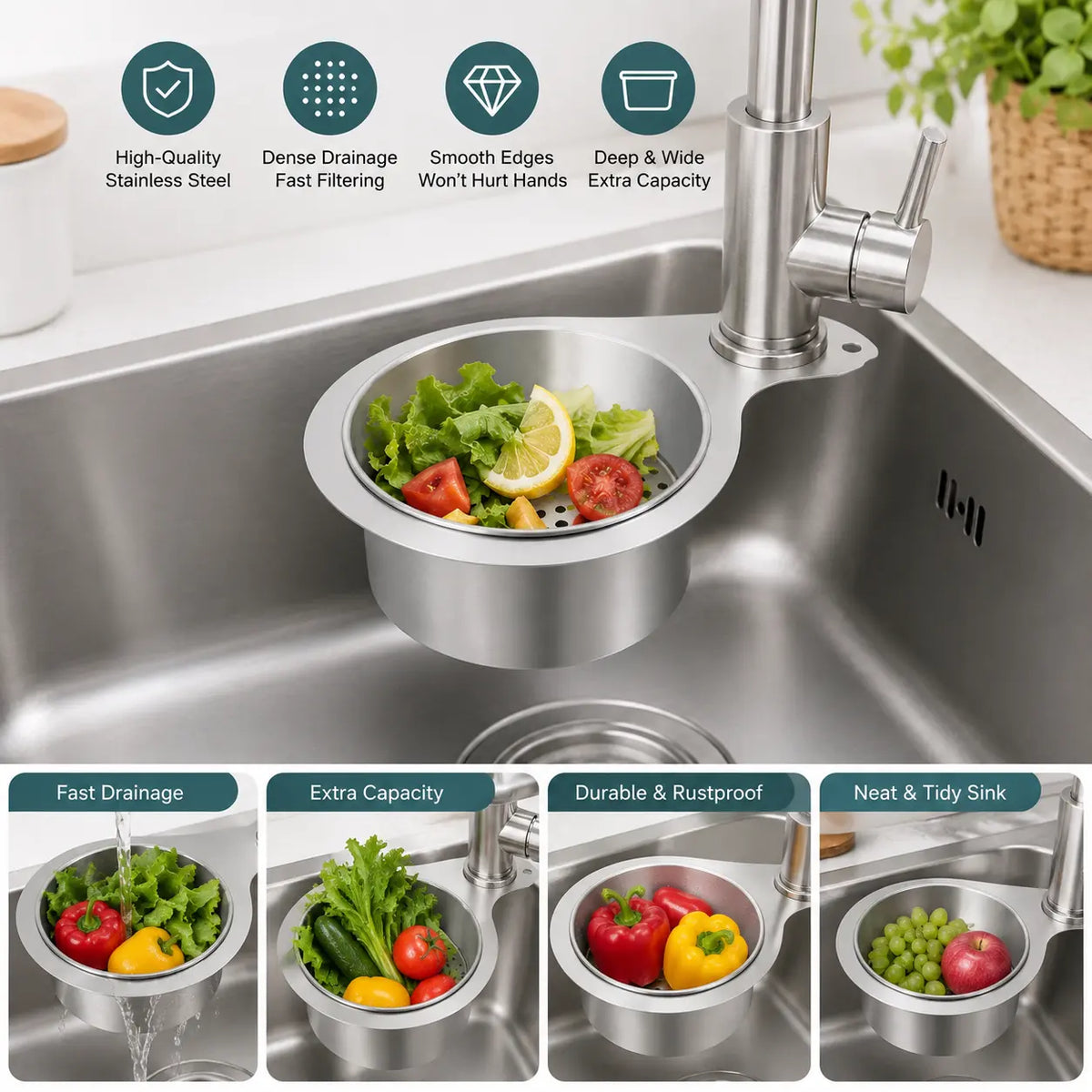Stainless Steel Hanging Sink Drain Strainer Basket, Rustproof Kitchen Food Residue Filter