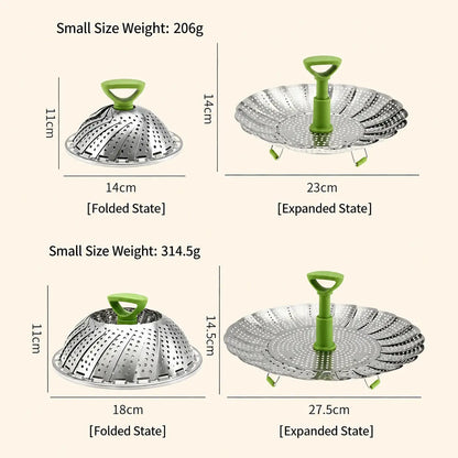 Foldable Stainless Steel Vegetable Steamer Basket with Extendable Handle, Expandable Steaming Insert for Pots