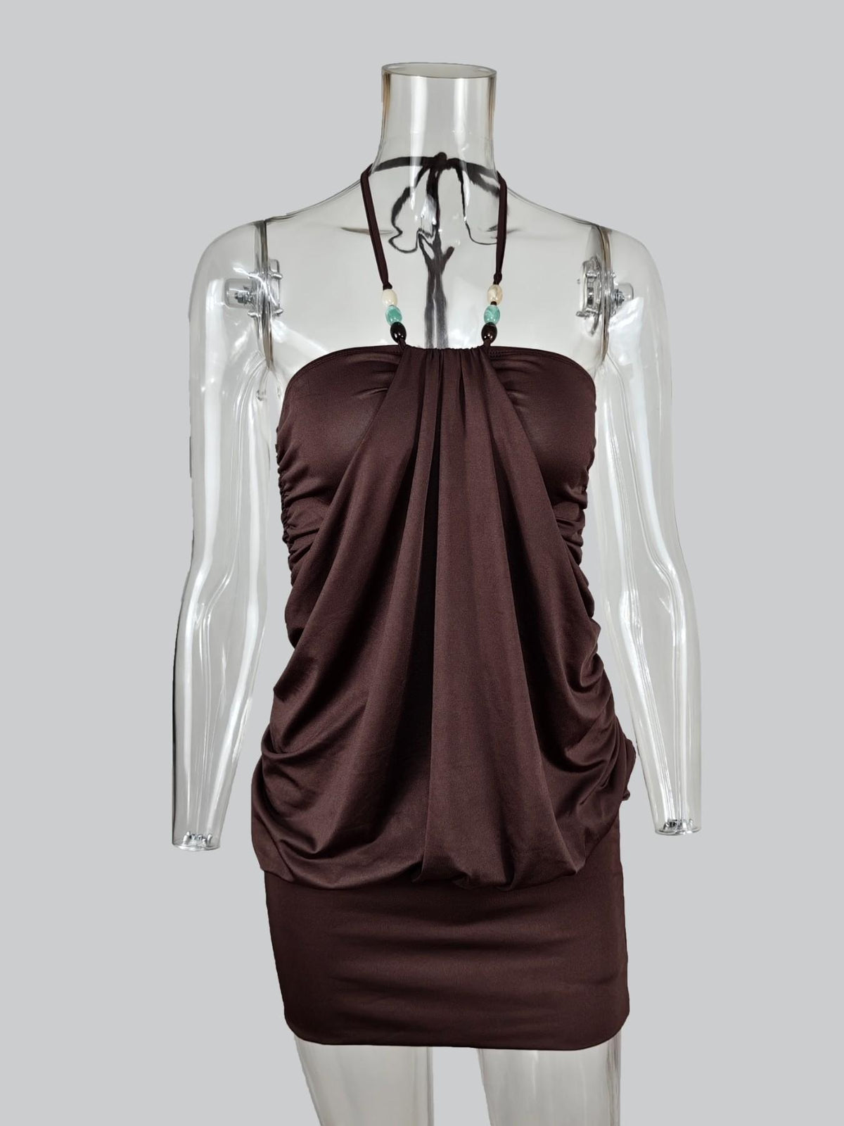 Y2K Women's Halter Bodycon Short Dress, Ruched Neckline Sleeveless Waist‑Cinch Slimming Sexy Backless Party Vacation Dress