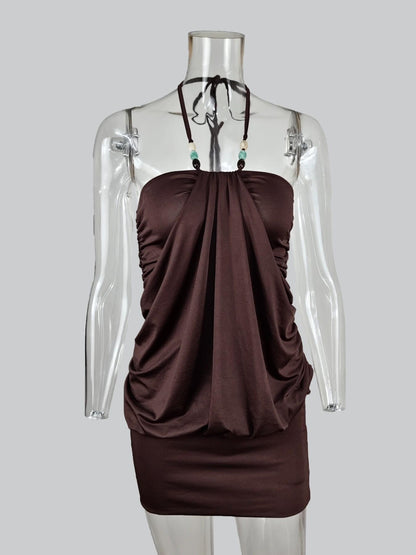 Y2K Women's Halter Bodycon Short Dress, Ruched Neckline Sleeveless Waist‑Cinch Slimming Sexy Backless Party Vacation Dress
