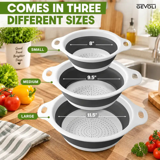 Gevoli Collapsible Colanders 3-Pack, Over-Sink Self-Drainage Base Kitchen Sieves Set, 3 Sizes 3QT 4QT 5QT for Food Draining