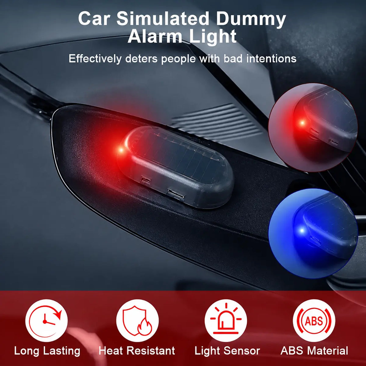 Solar Fake Car Alarm Light, Auto Sensor LED Simulated Anti-Theft Warning Flashing Lamp, No Wiring DIY