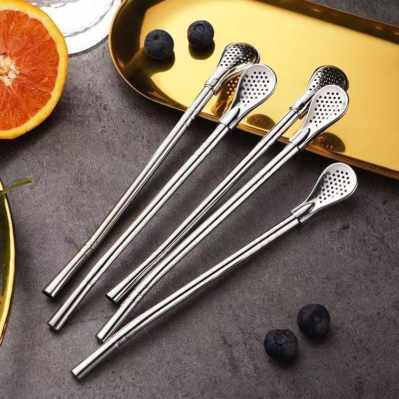 2‑in‑1 Stainless Steel Straw Spoon with Filter, Reusable Food‑Grade Metal Drinking Straw