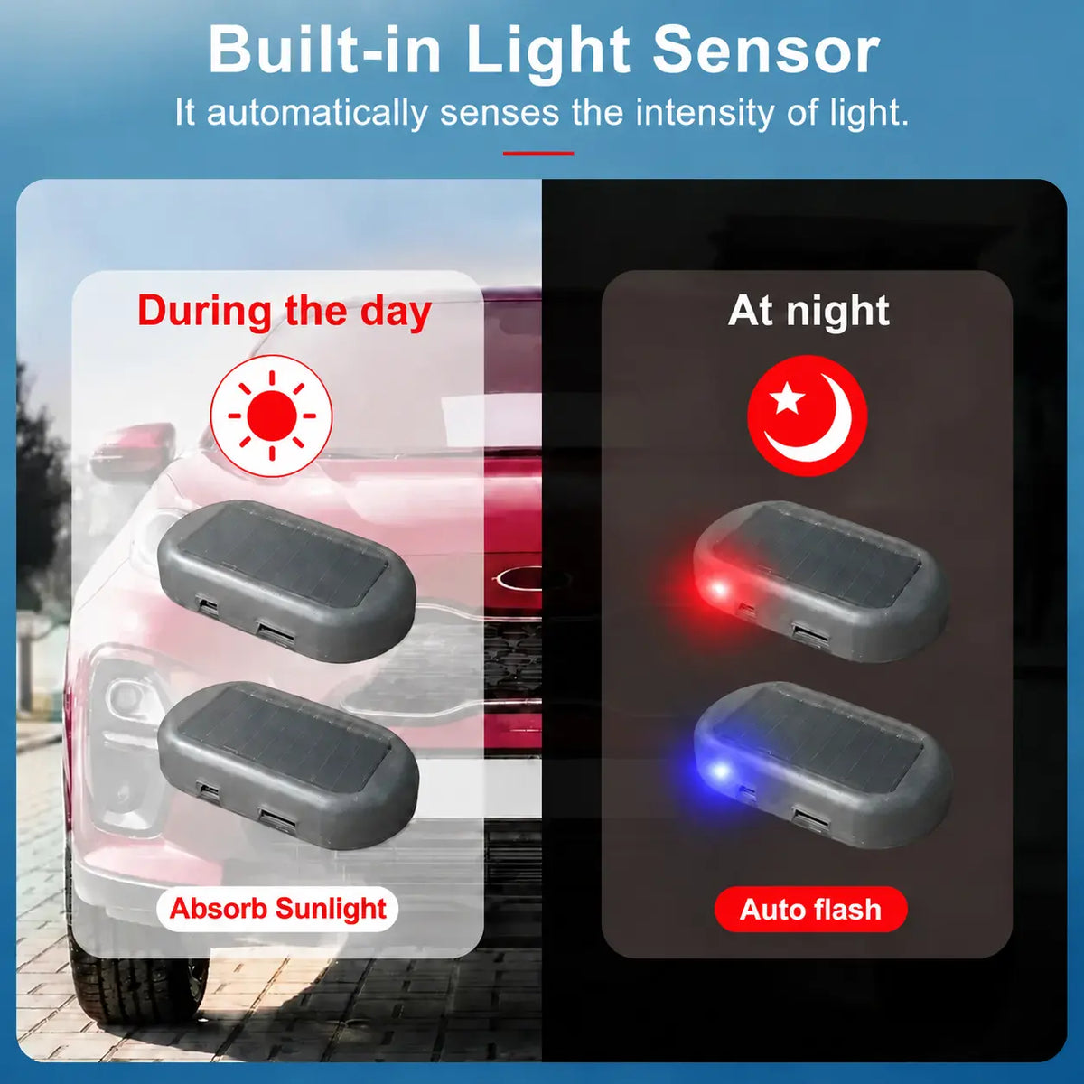 Solar Fake Car Alarm Light, Auto Sensor LED Simulated Anti-Theft Warning Flashing Lamp, No Wiring DIY