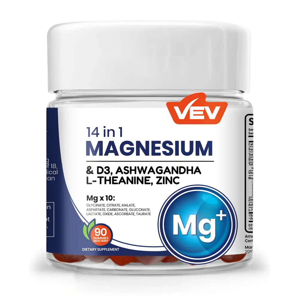 Gominolas de glicinato de magnesio DeepCalm de VEV, 90 unidades — 14 en 1 con ashwagandha, D3 y zinc, veganas, sin azúcar