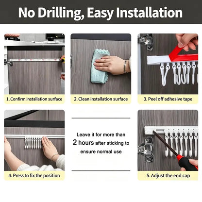 10 Hooks Adhesive Slide Rail Hanging Rack Multifunctional Wall Storage Organizer for Kitchen Bathroom