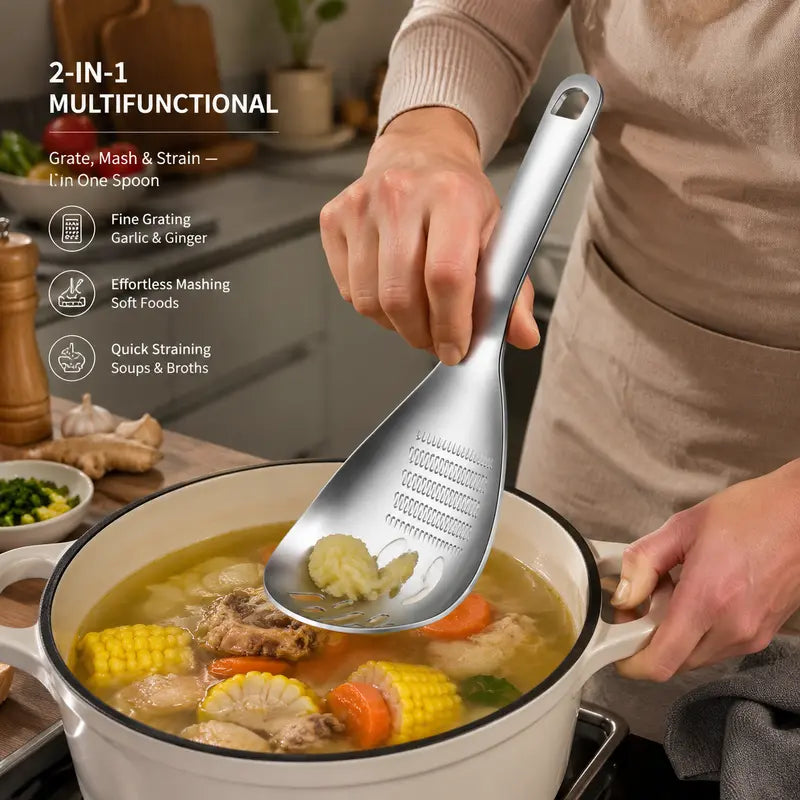 1pc 304 Stainless Steel Multifunctional Kitchen Spoon, Egg Separator Ginger Garlic Grater Masher