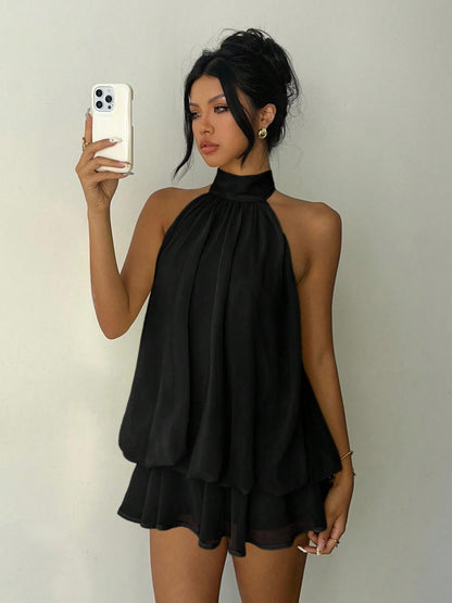 Women's Solid Backless Halter Sleeveless One‑Piece Jumpsuit, Elegant Ruffle Design, All‑Season Casual Fashion Outfit
