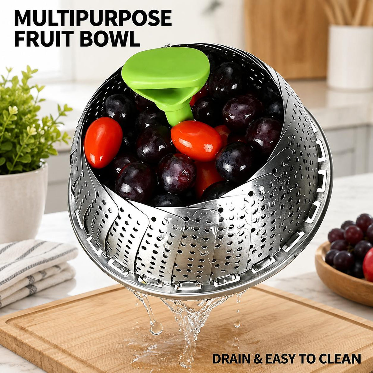 Foldable Stainless Steel Vegetable Steamer Basket with Extendable Handle, Expandable Steaming Insert for Pots