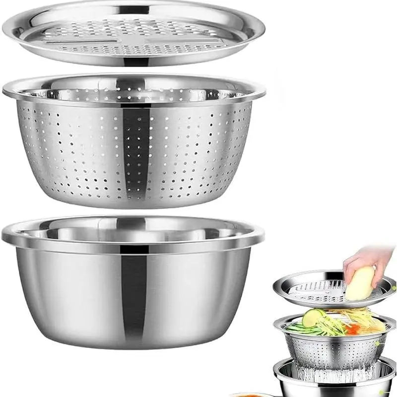 3-in-1 Stainless Steel Strainer Set with Basin, Sieve & Cutter for Rice Fruits Vegetables