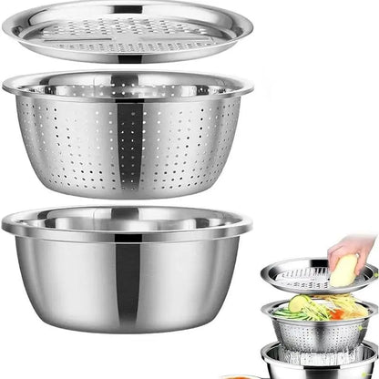 3-in-1 Stainless Steel Strainer Set with Basin, Sieve & Cutter for Rice Fruits Vegetables