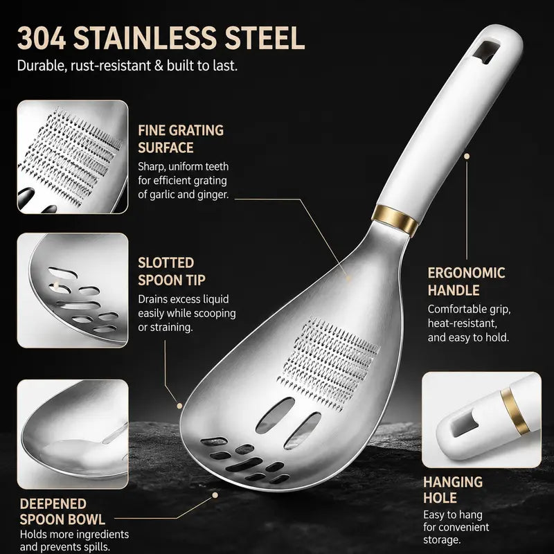 1pc 304 Stainless Steel Multifunctional Kitchen Spoon, Egg Separator Ginger Garlic Grater Masher