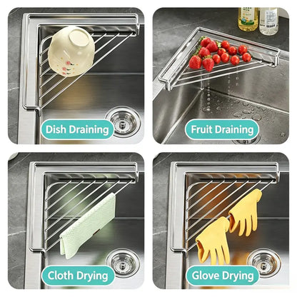 Stainless Steel Triangular Corner Sink Shelf, Drainage Open Wire Rack, Sponge Brush Cloth Holder for Kitchen Sink