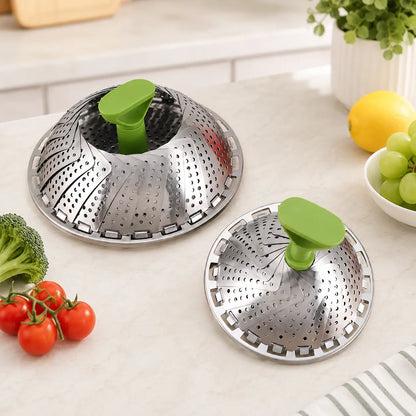 Foldable Stainless Steel Vegetable Steamer Basket with Extendable Handle, Expandable Steaming Insert for Pots