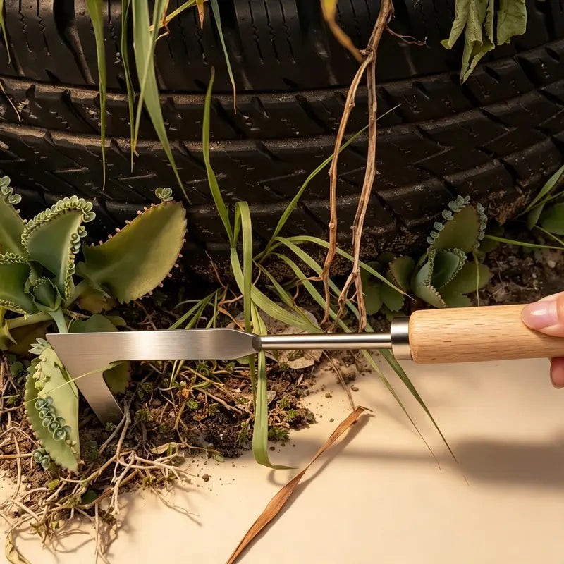 Wooden Handle Crevice Weeder, Stainless Steel Manual Grass Remover for Patio, Pathways & Yards
