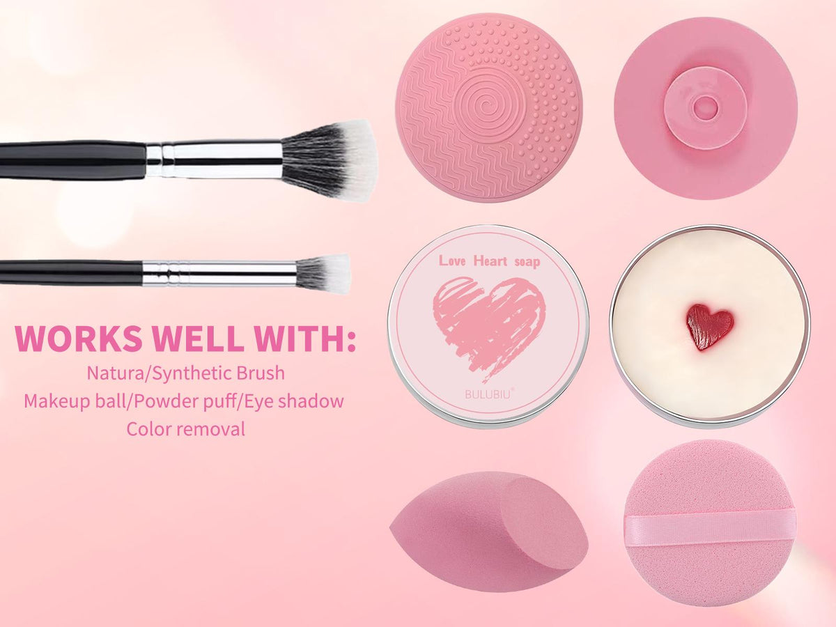 Heart‑Shaped Solid Cosmetic Brush Cleaner Soap with Sponge & Silicone Cleaning Pad