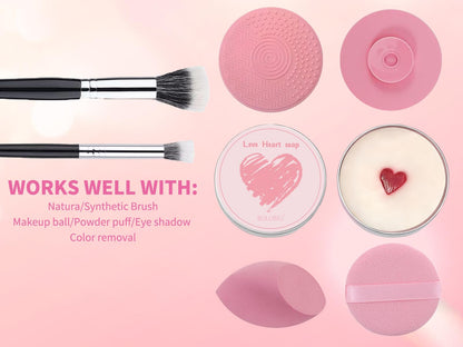 Heart‑Shaped Solid Cosmetic Brush Cleaner Soap with Sponge & Silicone Cleaning Pad
