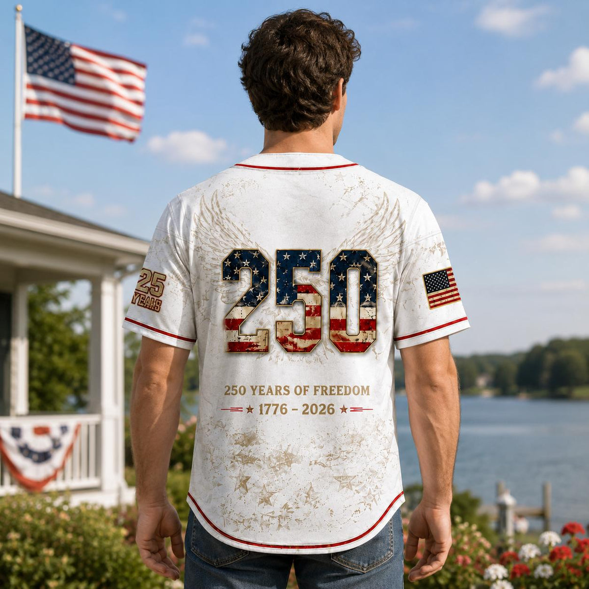Unisex Patriotic Baseball Jersey, Vintage 250th Anniversary Button Down Shirt with Distressed American Flag Eagle Graphic for 4th of July Outfits 1776-2026