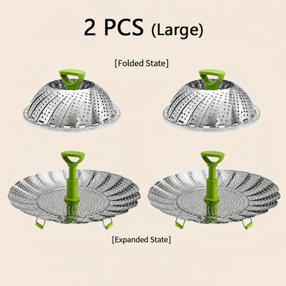 Foldable Stainless Steel Vegetable Steamer Basket with Extendable Handle, Expandable Steaming Insert for Pots