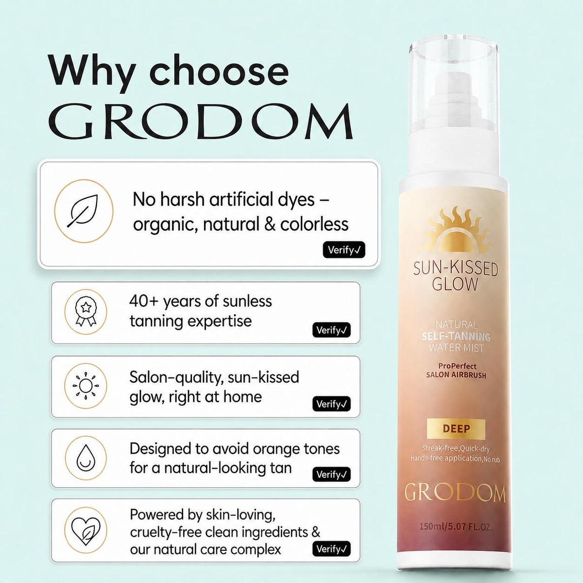 【Summer Wins】GRODOM Organic Colorless Self Tanning Mist, Vegan Streak‑Free Sunless Tanner for Body Face Hands, No Fake Tan Smell for All Skin Types