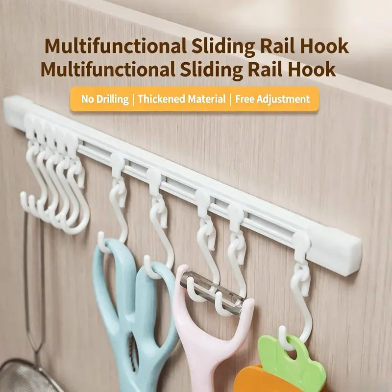 10 Hooks Adhesive Slide Rail Hanging Rack Multifunctional Wall Storage Organizer for Kitchen Bathroom