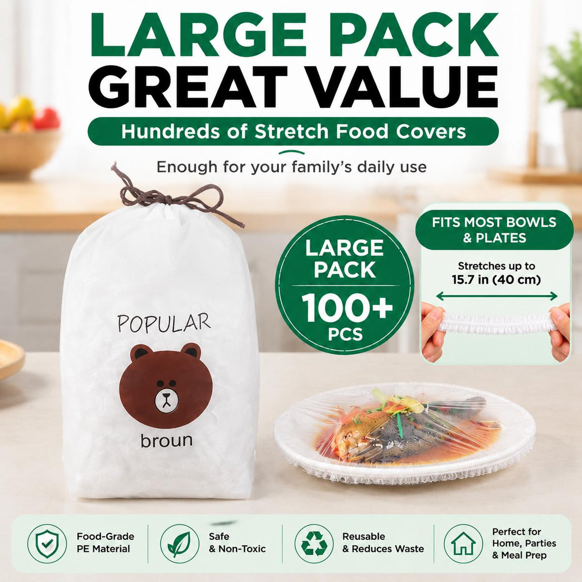 100 PCS Elastic Stretch Food Covers, Disposable Bowl & Plate Covers, Plastic Wrap Alternative for Kitchen Food Storage