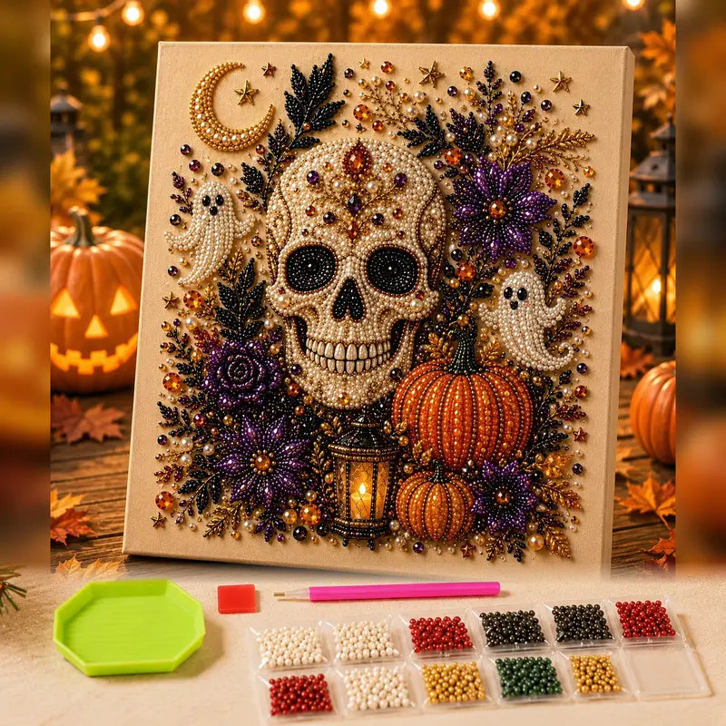 8×8in Spooky Cute Ghost 3D Pearl Diamond Painting DIY Kit, No‑Light Fall Handicraft Set, Home Wall Art Decor Holiday Party Gift