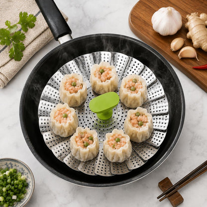 Foldable Stainless Steel Vegetable Steamer Basket with Extendable Handle, Expandable Steaming Insert for Pots