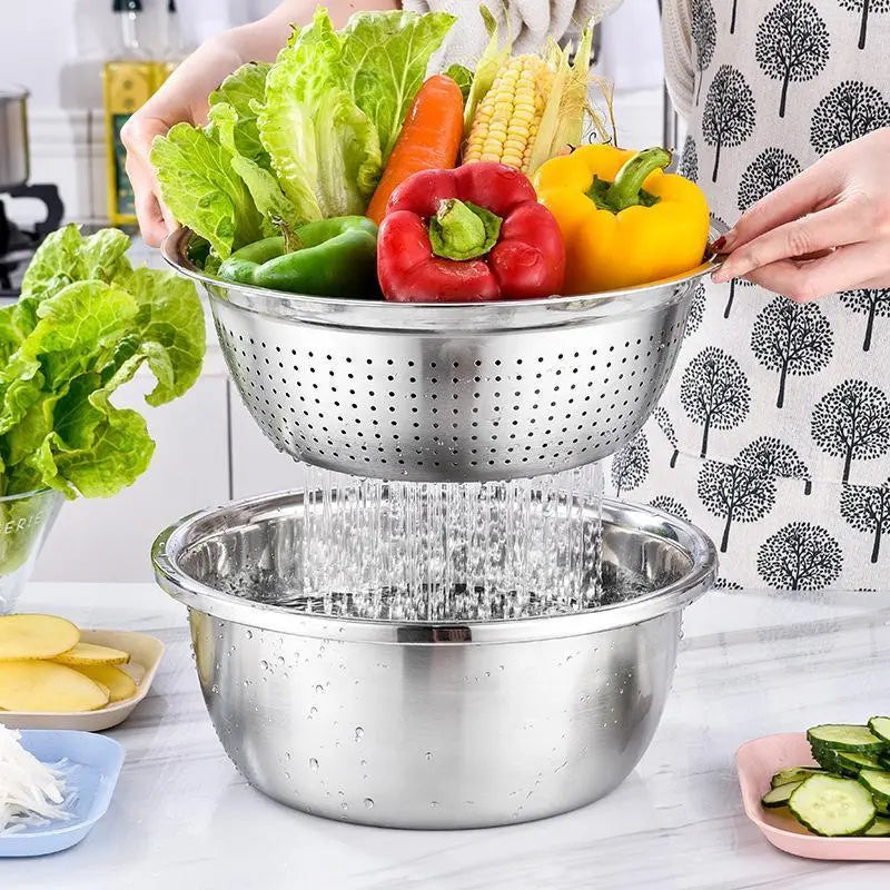 3-in-1 Stainless Steel Strainer Set with Basin, Sieve & Cutter for Rice Fruits Vegetables
