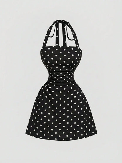 Women's Ruched Tie‑Back Halter Dress, Casual Sleeveless A‑Line Short Summer Dress for Daily Wear
