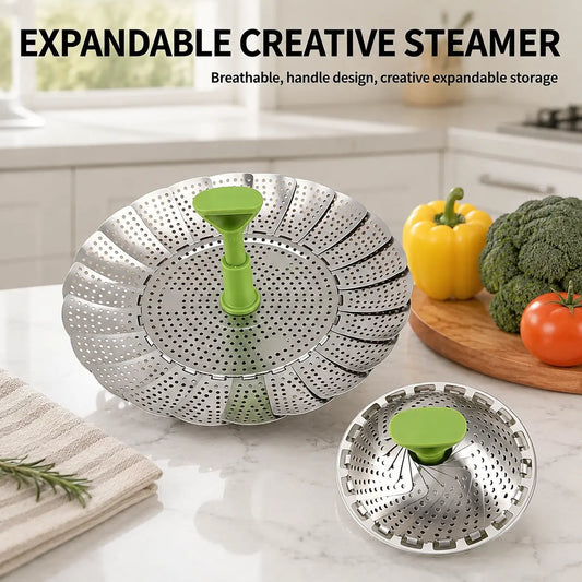 Foldable Stainless Steel Vegetable Steamer Basket with Extendable Handle, Expandable Steaming Insert for Pots
