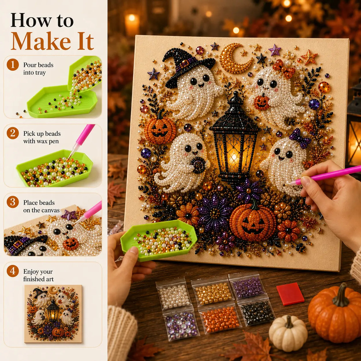 8×8in Spooky Cute Ghost 3D Pearl Diamond Painting DIY Kit, No‑Light Fall Handicraft Set, Home Wall Art Decor Holiday Party Gift