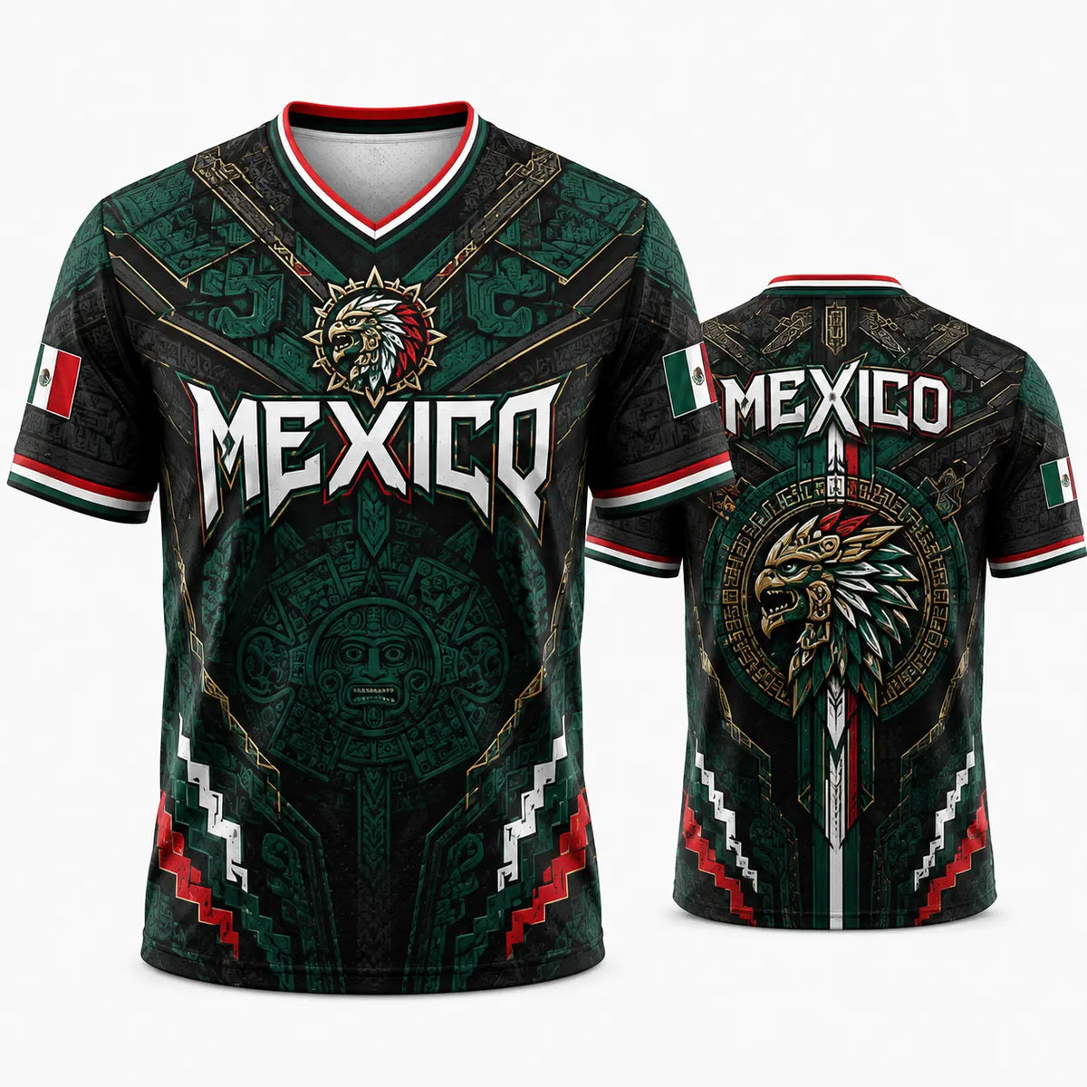 2026 New Mexico Eagle Warrior V-Neck Sports Jersey, Aztec Calendar Graphic Short Sleeve Shirt for Men