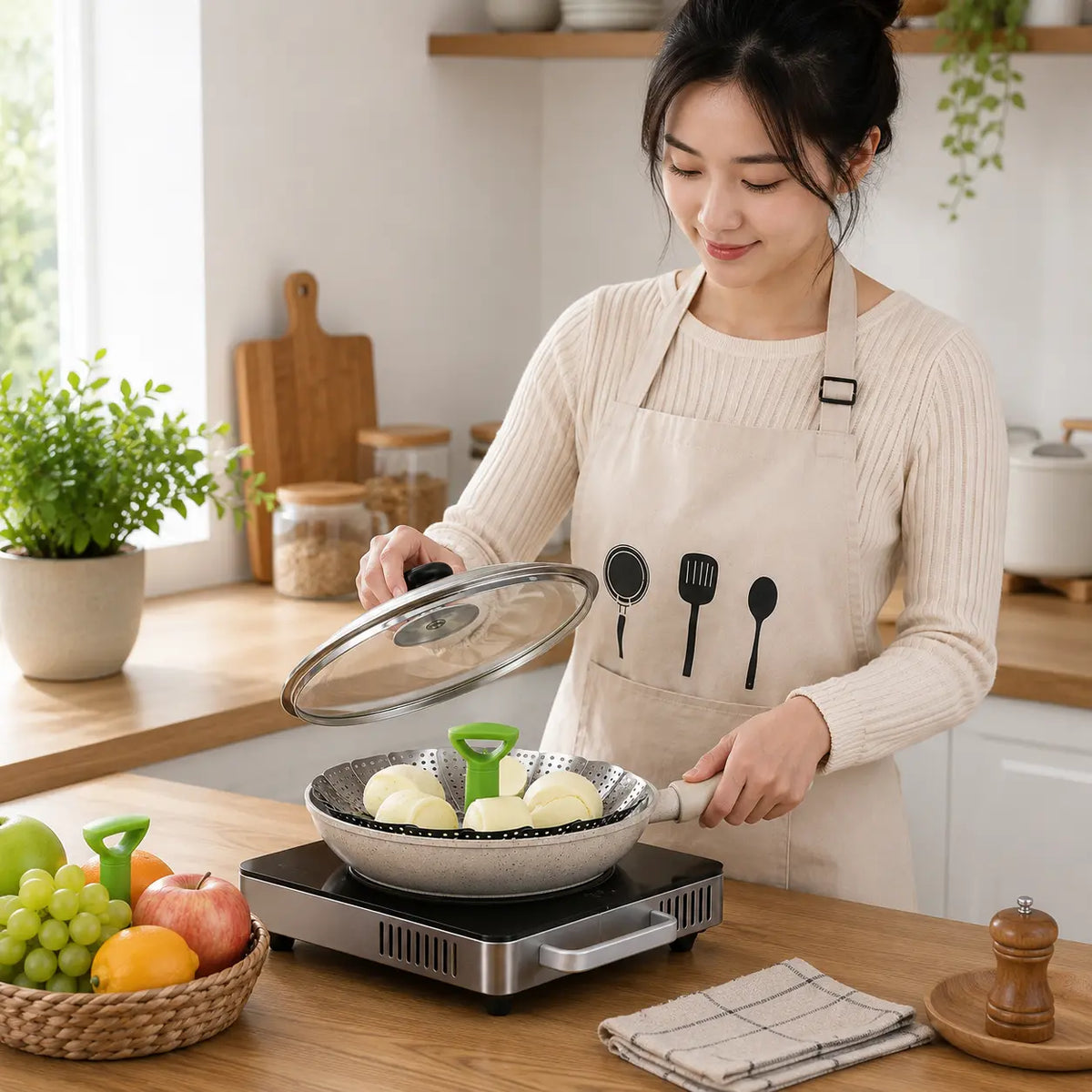 Foldable Stainless Steel Vegetable Steamer Basket with Extendable Handle, Expandable Steaming Insert for Pots