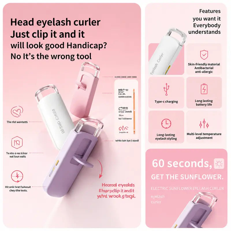 USB Rechargeable Heated Eyelash Curler Thermo-Sensitive Silicone Pad Fast Lash Lift for Travel Daily Makeup