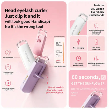 USB Rechargeable Heated Eyelash Curler Thermo-Sensitive Silicone Pad Fast Lash Lift for Travel Daily Makeup
