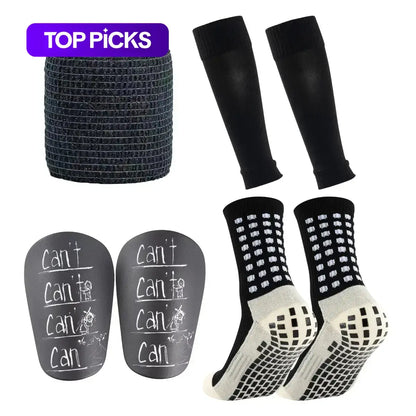 7‑Pcs Non‑Slip Football Grip Socks Set, Athletic Sports Socks Kit with Sleeves Bandages Mini Leg Guards for Soccer Running Training