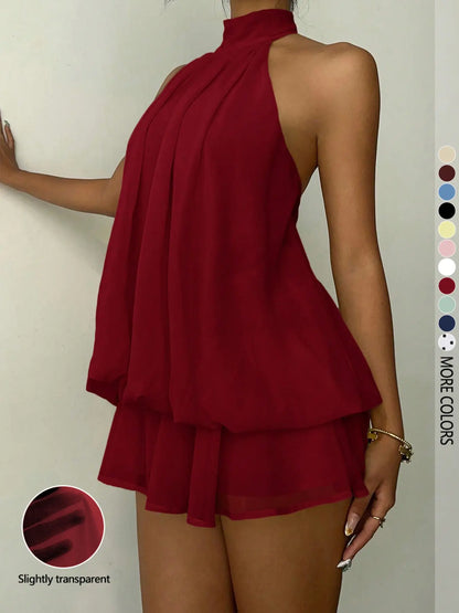 Women's Solid Backless Halter Sleeveless One‑Piece Jumpsuit, Elegant Ruffle Design, All‑Season Casual Fashion Outfit