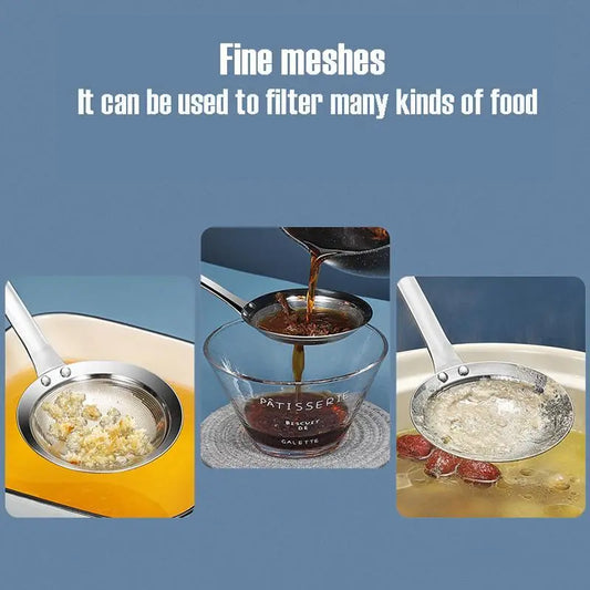 Filter Scoop SUS304 Stainless Steel Fat Skimmer Spoon Fine Mesh Strainer Food Strainer With Handle Kitchen Oil Skimmer Strainer FU