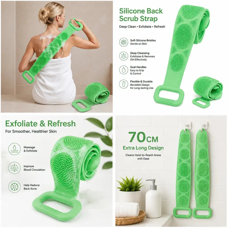 Double Sided Silicone Long Strap Back Bath Scrubber Exfoliating Shower Brush