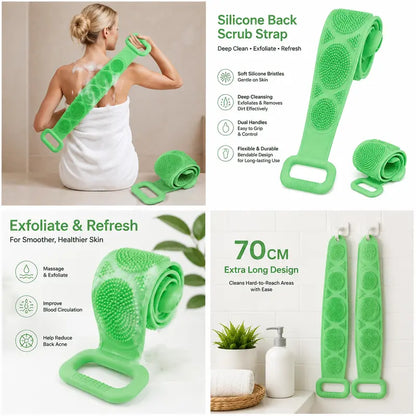 Double Sided Silicone Long Strap Back Bath Scrubber Exfoliating Shower Brush